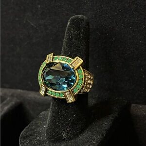Heidi Daus Blue and Green Swarovski Crystal Cocktail Ring size 4.5